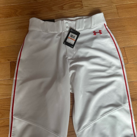 NWT Under Armour Men’s Small White with Red Stripes Baseball Pants - Picture 2 of 6